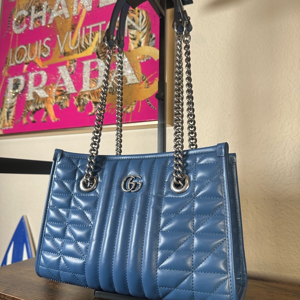 Authentic Gucci Blue Marmont Quilted Leather Chain Shoulder Tote - Picture 3 of 15